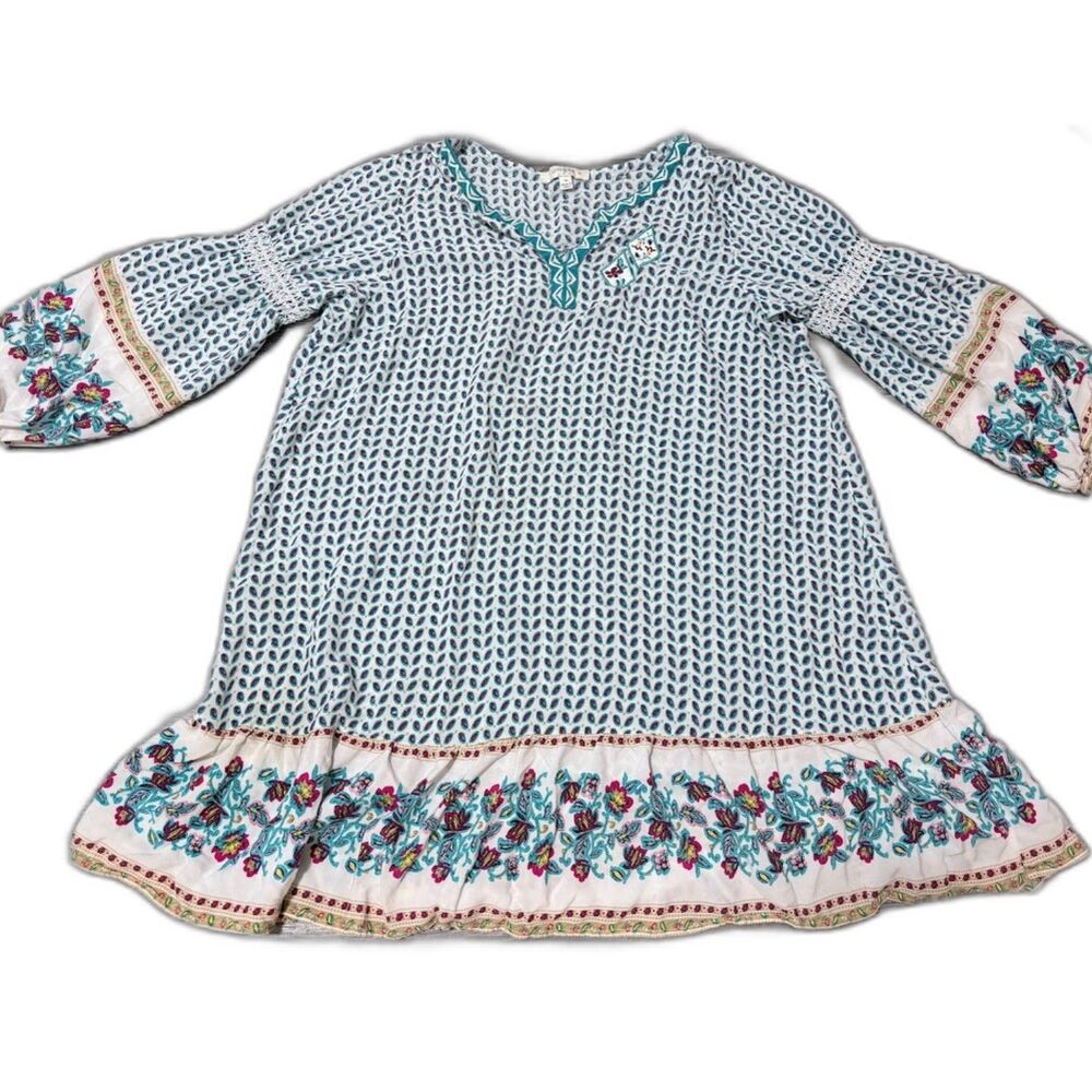 Umgee Tunic XL White Blue Red Paisley Floral Balloon Sleeve Bohochic Embroidered